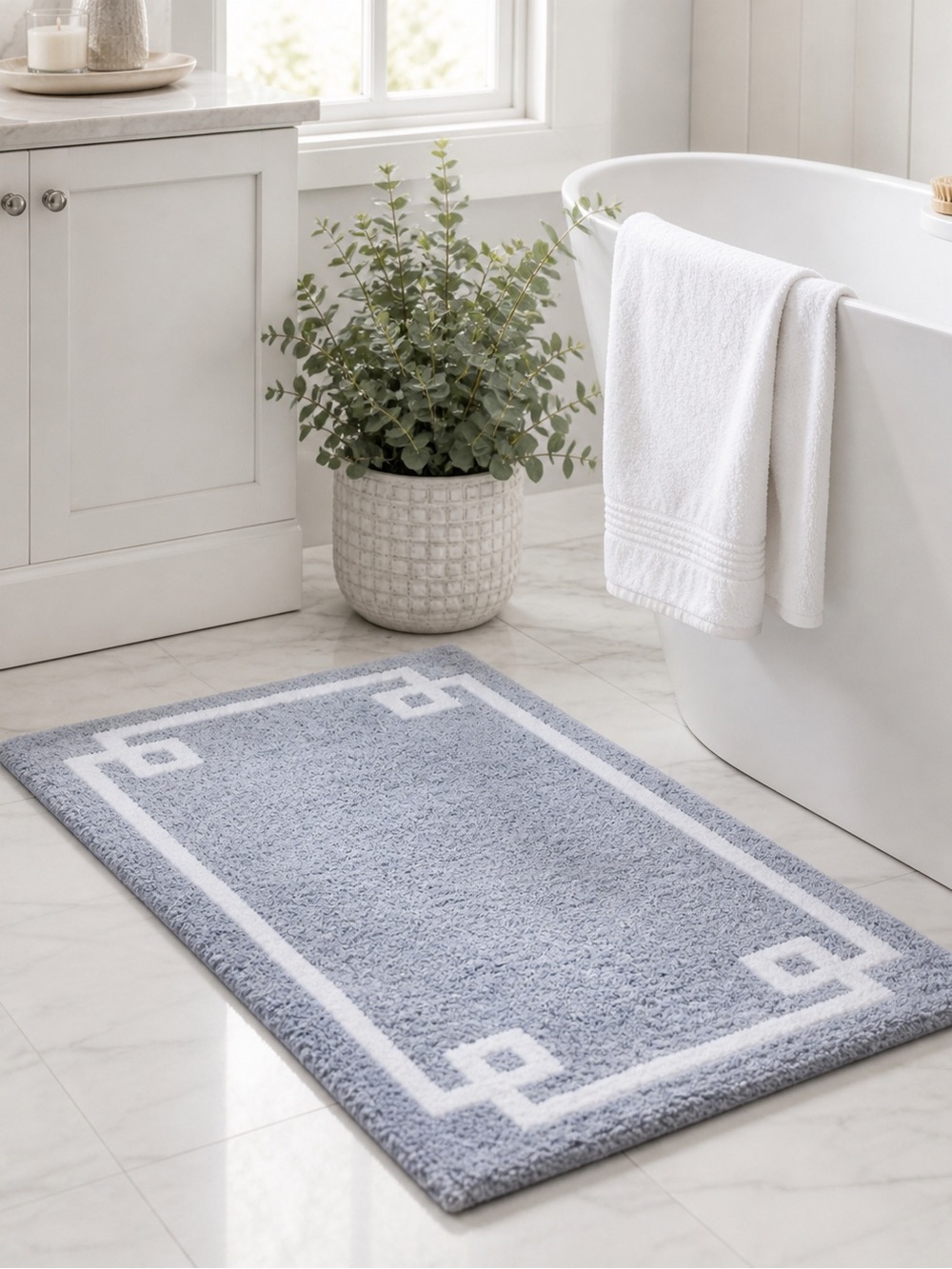 Blue White Bath Mat 24x40 Cotton Washable Non Slip Bathroom Rug